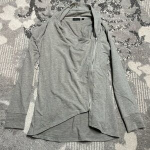 Cyrus Grey Asymmetrical Open Neck Long Full Zip Fold Over Lagenlook Tunic Jacket